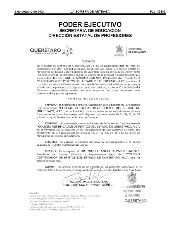 Registro del Colegio Certificador de Peritos del Estado de Querétaro A.C. ante la Dirección Estatal de Profesiones